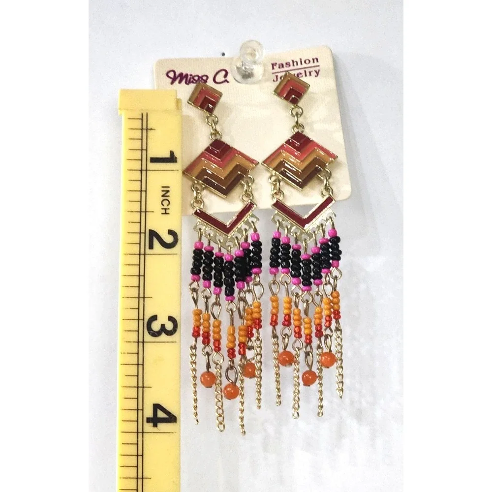 Miss C Native American Dangle‎ Earrings Oval Shape Beaded Surgical Steel